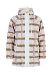 Hooded fleecejack met een wit, groen en roze geruit patroon, voorkant met rits en ritszakken op de borst en zijkanten.