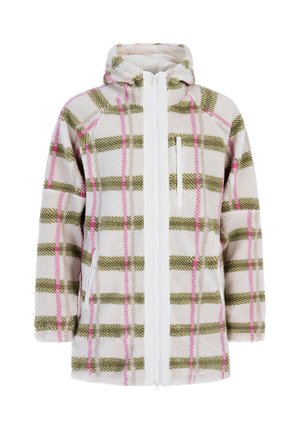Veste en polaire à capuche avec un motif carreaux blanc, vert et rose, fermeture éclair à l'avant et poches zippées sur la poitrine et sur les côtés.