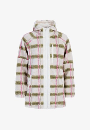 Džemper s kapuljačom od flisa u bijelo-zeleno-roza kariranom uzorku, s prednjim patentnim zatvaračem i patentnim zatvaračem na prsima i bočnim džepovima.