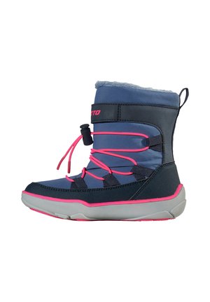 Child's winter boot in blue and black with pink laces, gray sole, and fleece lining, designed for cold weather and easy fastening.