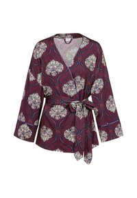 Bordeaux wikkelblouse met bloemenpatroon, lange mouwen, strik taille en contrasterende accenten. Gemaakt van lichte materialen.