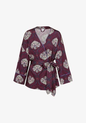 Burgunderfarbene Wickelbluse mit floralem Muster, langen Ärmeln, Knotenbund und kontrastierenden Akzenten. Hergestellt aus leichtem Material.