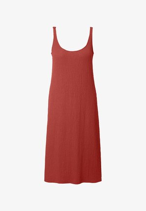 Vestido rojo sin mangas con escote redondeado, fabricado en un tejido texturizado, que llega a media pantorrilla, con un corte holgado y un diseño sencillo.