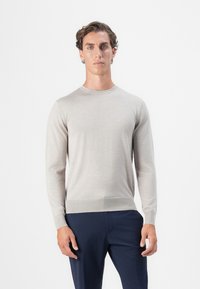Helle graue Langarmpullover mit Rundhalsausschnitt, aus glattem Material gefertigt; hat ein tailliertes Design und eine dezente Struktur. Kombiniert mit dunklen Hosen.