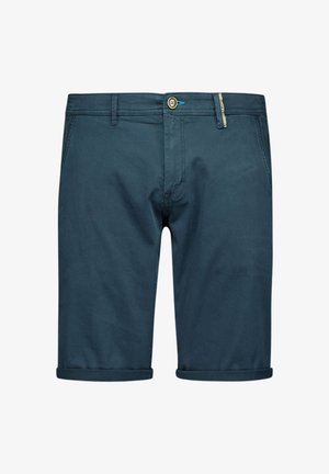 Dunkelblaue Shorts aus leichtem Material, mit umgeschlagenem Saum, Knopfverschluss und einem kleinen Akzentdetail in der Nähe des Bundes.