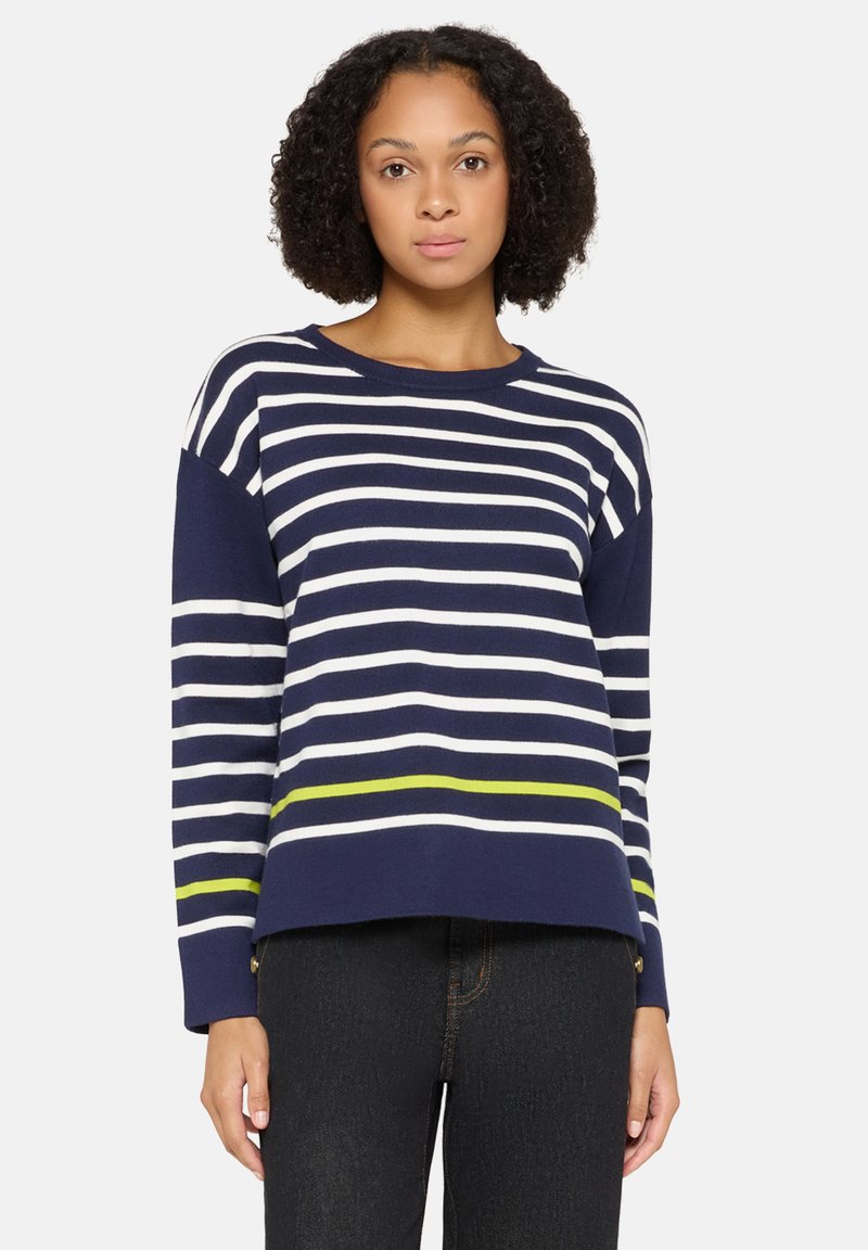Marineblauwe trui met witte en groene horizontale strepen, ronde hals en losse pasvorm. Gemaakt van zachte stof met geribde manchetten.