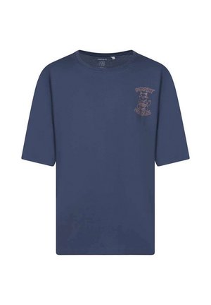 T-shirt bleu marine à manches courtes avec col rond et petit motif représentant un chat tenant un poisson avec le texte "Perfect Madness" sur la poitrine.