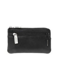 Portefeuille en cuir noir avec deux compartiments zippés, texture lisse, ferronnerie en argent et une petite étiquette en métal avec le nom de la marque.