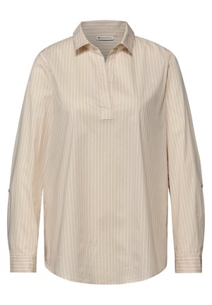 Beige long-sleeve shirt with a collared neck and placket. Features vertical white stripes and button details on the sleeve cuffs.