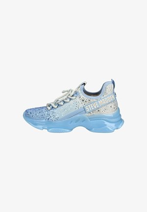 Light blue Steve Madden sneaker with rhinestone embellishments, thick sole, lace-up front, and branded strap on the side.
