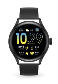 Black smartwatch with a round touchscreen displaying time, date, weather, and fitness data. Features icons for steps, distance, calories, and heart rate.