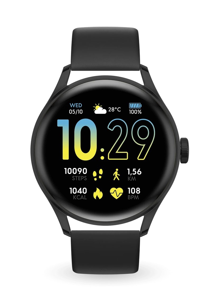 Black smartwatch with a round touchscreen displaying time, date, weather, and fitness data. Features icons for steps, distance, calories, and heart rate.