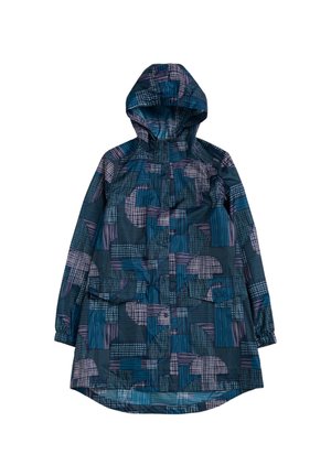 Modrá a fialová pršiplášťová bunda s abstraktným patchworkovým vzorom, elastickými manžetami, prednými vreckami a zapínaním na zips vpredu.