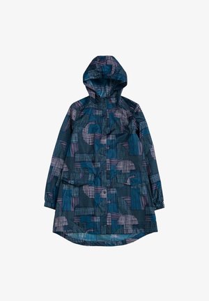 Modrá a fialová pršiplášťová bunda s abstraktným patchworkovým vzorom, elastickými manžetami, prednými vreckami a zapínaním na zips vpredu.