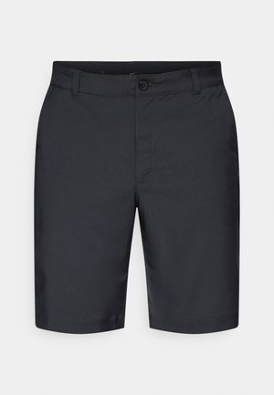 Black shorts made from lightweight fabric. Features a button closure and front pockets. Knee-length with a smooth texture and neat stitching.