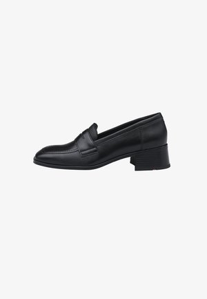 Schwarzer Damenleder-Loafer mit niedrigem Blockabsatz, abgerundeter Spitze und genähter Verzierung am Obermaterial.
