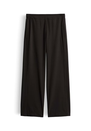 Zwarte wijde broek met elastische tailleband en zijzakken, plat gepresenteerd op een witte achtergrond.
