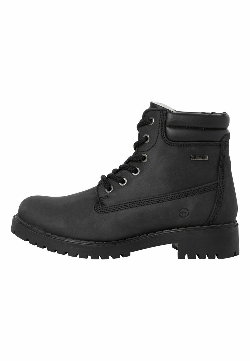 Bottines en cuir noir avec un bout arrondi, un laçage sur le devant, un col rembourré et une semelle en caoutchouc texturé pour une traction optimale.
