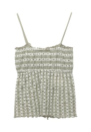 Light green sleeveless top with thin straps, featuring white horizontal stripes and a textured pattern. The bottom has a ruffled edge.