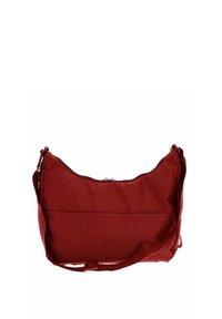 Borsa a spalla in tessuto rosso con superficie testurizzata, chiusura superiore con zip, tracolla regolabile e tasca frontale per ulteriore spazio di archiviazione.