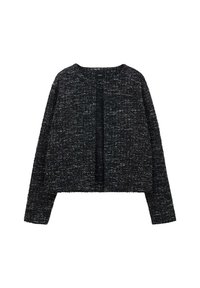 Pull cropped en tweed noir et blanc avec des manches longues, un col rond et une patte de boutonnage sans boutons à l'avant. Tissu texturé avec des variations de motifs subtiles.