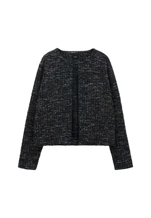 Schwarz-weiße Tweed-ganze Strickjacke mit langen Ärmeln, runder Halslinie und einem knopflosem Frontverschluss. Texturiertes Material mit subtilen Musterabweichungen.