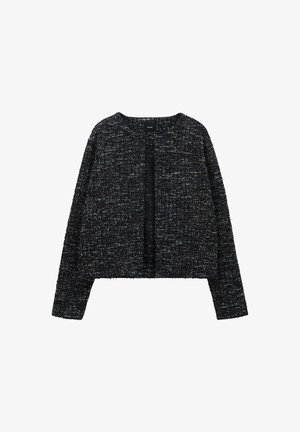 Schwarz-weiße Tweed-ganze Strickjacke mit langen Ärmeln, runder Halslinie und einem knopflosem Frontverschluss. Texturiertes Material mit subtilen Musterabweichungen.