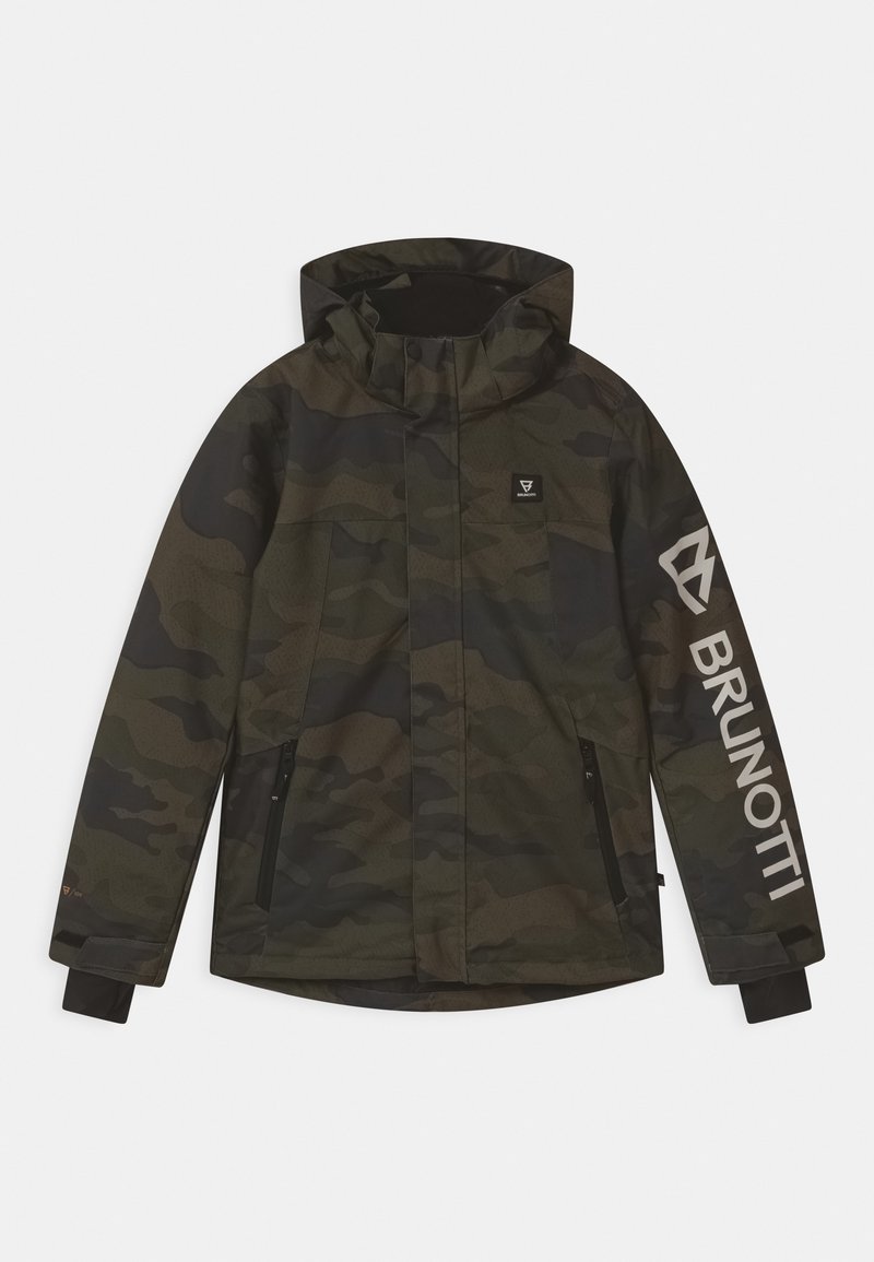 Camouflage jacket in dark green tones, featuring a high collar, zippered pockets, and a white logo accent on the sleeve. Smooth texture.