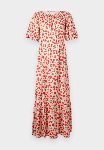 Maxi dress with short puff sleeves, made of lightweight fabric featuring a strawberry print on a beige background and a ruffled hem.