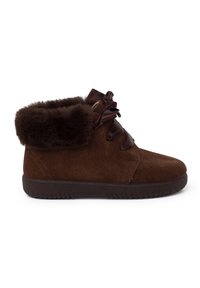Stivaletti alla caviglia in suede marrone con una morbida foderatura in pelliccia, chiusura con lacci in raso e una suola in gomma spessa per comfort e grip.