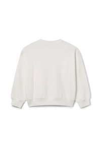 Sudadera de algodón blanca con un ajuste relajado, cuello redondo, puños y dobladillo de canalé, con una textura suave y sin gráficos visibles.