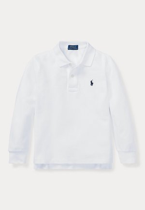 Λευκό μακρυμάνικο πουκάμισο Polo Ralph Lauren με γιακά, δύο κουμπιά και κεντημένο ναυτικό μπλε λογότυπο στο αριστερό στήθος.