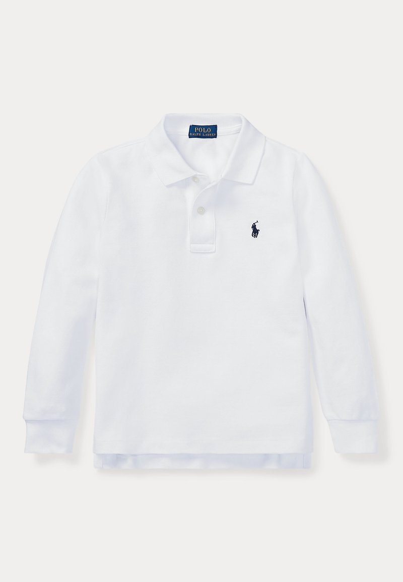 Λευκό μακρυμάνικο πουκάμισο Polo Ralph Lauren με γιακά, δύο κουμπιά και κεντημένο ναυτικό μπλε λογότυπο στο αριστερό στήθος.