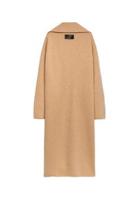 Cappotto lungo beige in misto lana, con colletto a revers e spalle scese, dalla silhouette dritta e texture morbida.