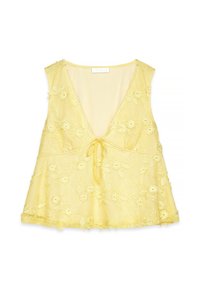 Gul blomstret blonde tanktop med dyb V-hals, bånddetalje i taljen og en udvidet silhuet. Har broderede blomstermønstre over det hele.