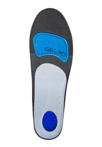 Semelle intérieure avec un dessus texturé gris, un coussin en gel bleu et une base gris clair avec une surface striée et des accents circulaires pour le soutien de la voûte plantaire.