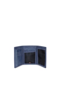 Portafoglio in tessuto navy con tre sezioni, incluse fessure per carte di credito, una tasca con zip e un comparto in rete. Presenta una finitura testurizzata.