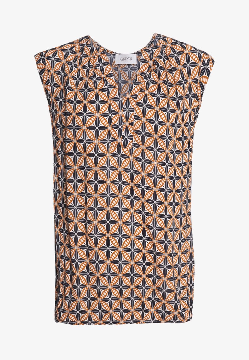 Tílko s krátkým rukávem s geometrickým vzorem v oranžové, černé a bílé barvě, s výstřihem do V a měkkou texturou látky.