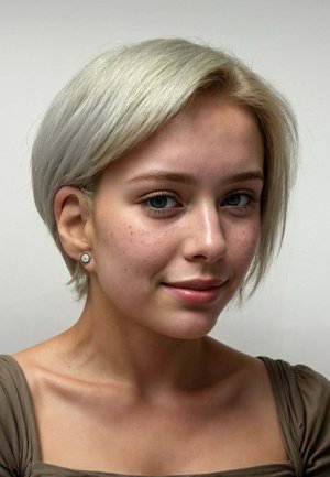 Short, straight platinum blonde hair frames the face. The person wears round stud earrings and a brown top, with smooth skin and light freckles.