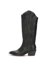 Bota de vaquero de cuero negro con punta afilada y un tacón de bloque de altura media. Presenta un intrincado detalle de costura a lo largo del eje.