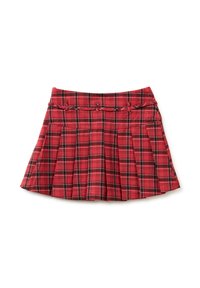 Falda de cuadros rojos con pliegues, un patrón de cuadros en negro y verde, y un borde tejido en la cintura para un detalle adicional.