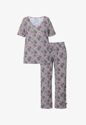 Conjunto de pijama de manga corta con escote en V en estampado de leopardo con acentos florales coloridos; hecho de tela ligera, incluye pantalones con cintura elástica.