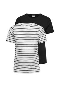 Deux t-shirts à manches courtes, un uni noir et un blanc avec de fines rayures horizontales noires, tous deux avec un col rond.