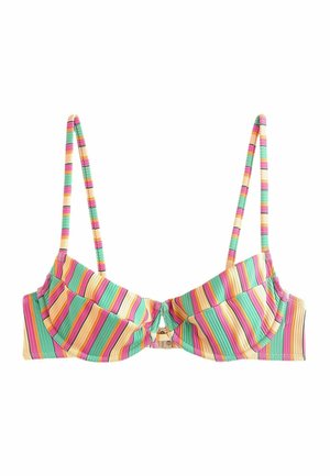 Striped underwire bra with thin adjustable straps in pink, green, yellow, and orange colors, laid flat on a white background.