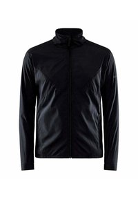 Schwarze Jacke mit hohem Kragen und durchgehendem Reißverschluss. Verfügt über ein Paneeldesign und strukturierte Akzente an Schultern und Seiten, aus leichtem Material gefertigt.