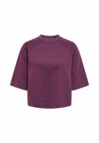 Sweat-shirt court violet avec des manches courtes et un col rond, présentant des coutures de manches raglan et un design sobre.