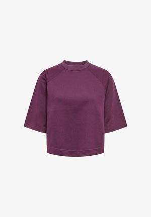 Fialová zkrácená mikina s krátkými rukávy a kruhovým výstřihem, s raglánovými švy a jednoduchým designem.