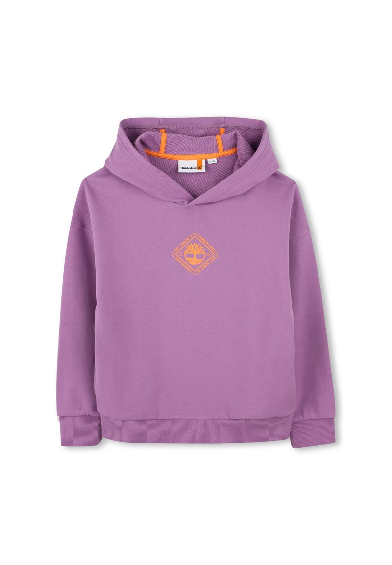 Haut à capuche violet en tissu doux avec un design graphique orange sur le devant, capuche avec cordon de serrage, et poignets et ourlet côtelés.