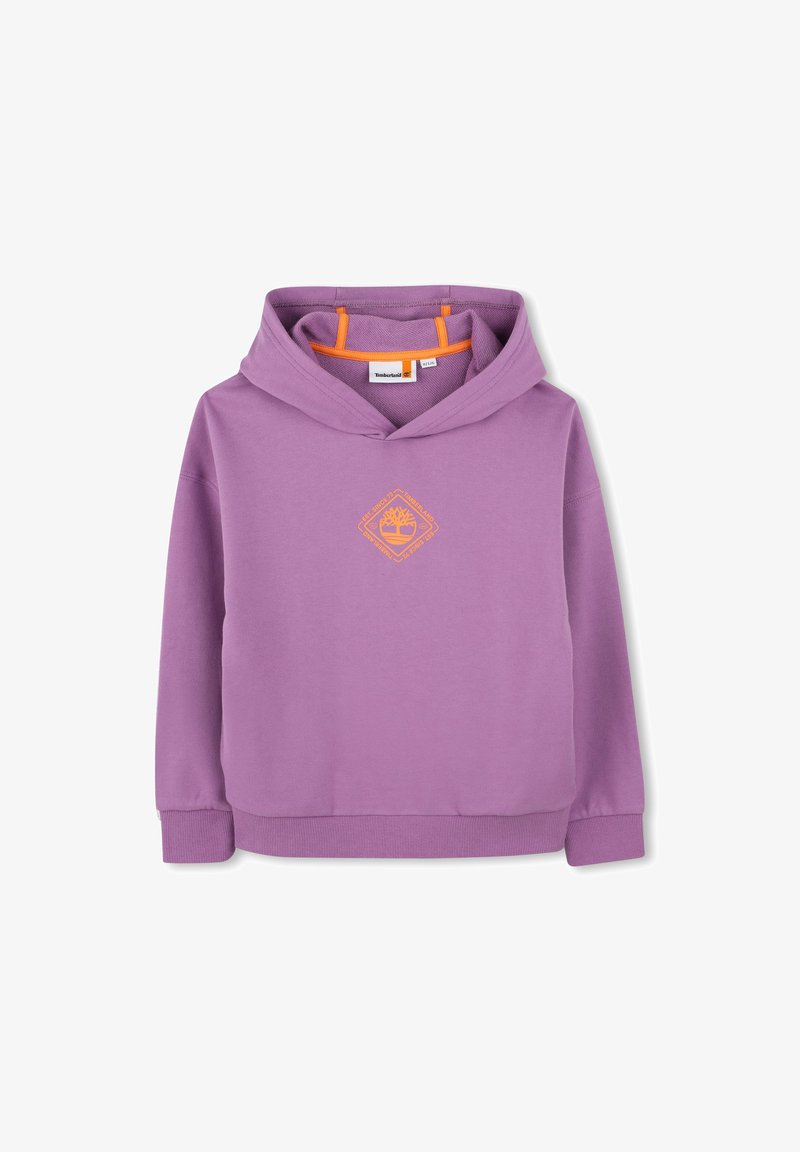 Haut à capuche violet en tissu doux avec un design graphique orange sur le devant, capuche avec cordon de serrage, et poignets et ourlet côtelés.