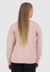 Felpa rosa chiaro con vestibilità comoda, polsini e orlo a coste, texture liscia e dettaglio della cucitura sul retro. Abbinata a jeans scuri.